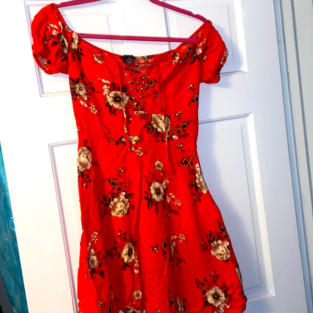 red floral off the shoulder dress
